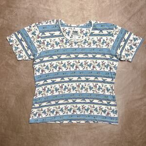 Vintage 90s Northern Reflection Floral Striped Fitted T-Shirt Multicolor Cottage